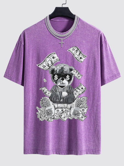 Money Bear Print Washed Drop Shoulder Oversize T-Shirt
