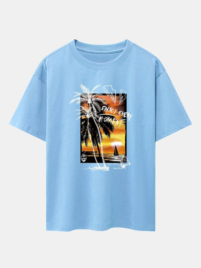 Vacation Sunset Palm Trees Print Drop Shoulder Oversize T-Shirt