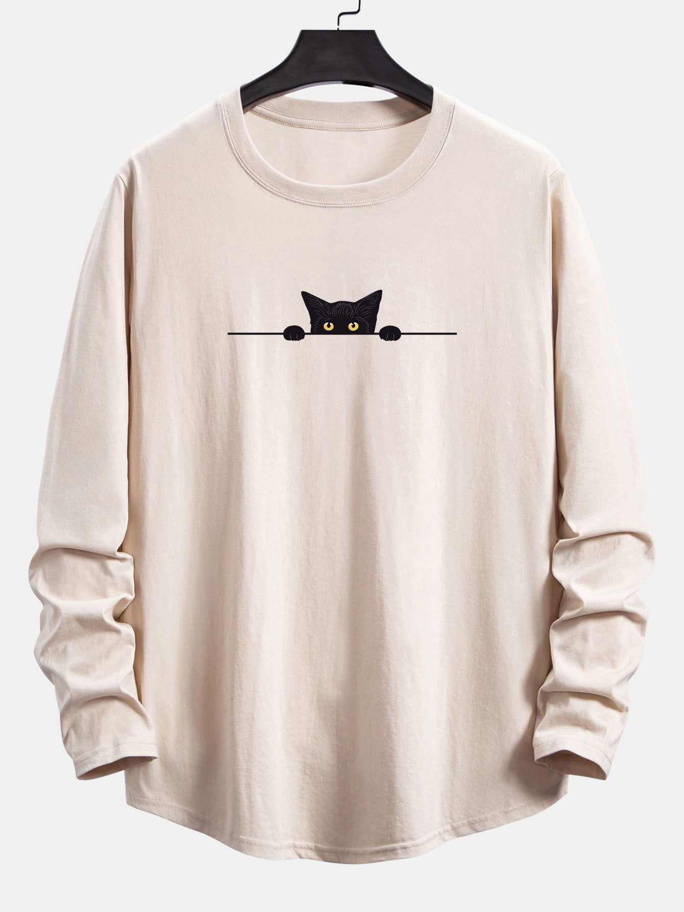 Long Sleeve Black Cat Print Cotton Arc Hem T-Shirt