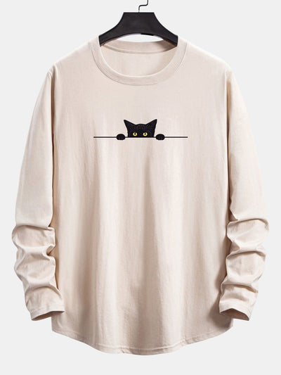Long Sleeve Black Cat Print Cotton Arc Hem T-Shirt