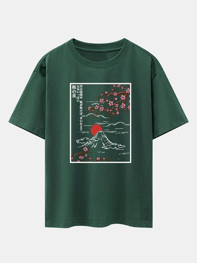 Cherry Blossoms Mountain Print Drop Shoulder Oversize T-Shirt