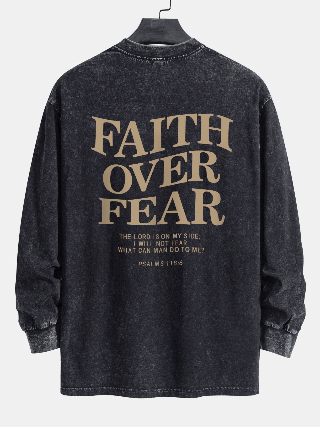 Faith Over Fear Print Relax Fit Long Sleeve Washed Distressed T-Shirt