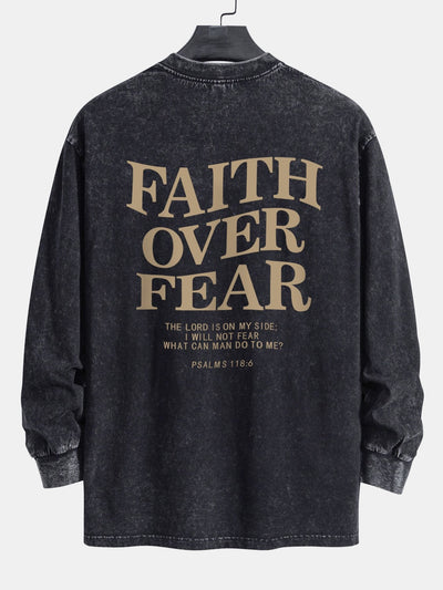 Faith Over Fear Print Relax Fit Long Sleeve Washed Distressed T-Shirt