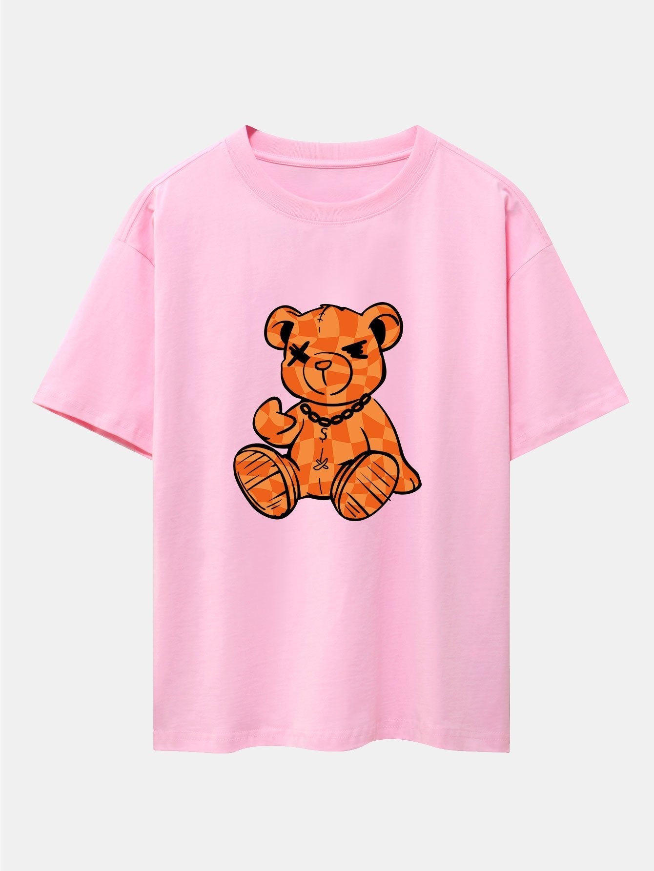Orange Stitching Bear Print Drop Shoulder Oversize T-Shirt
