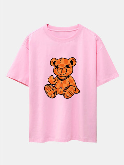 Orange Stitching Bear Print Drop Shoulder Oversize T-Shirt