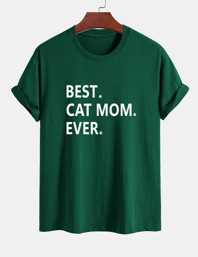Regular Fit Best Cat Mom Ever Print Cotton T-Shirt