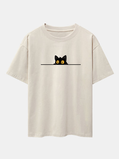 Black Cat Print Drop Shoulder Oversize T-Shirt