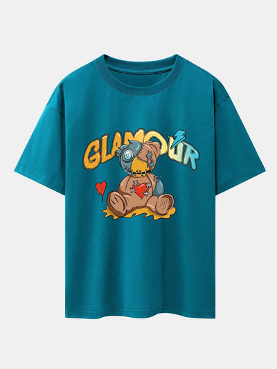 Patched Bear Print Drop Shoulder Oversize T-Shirt
