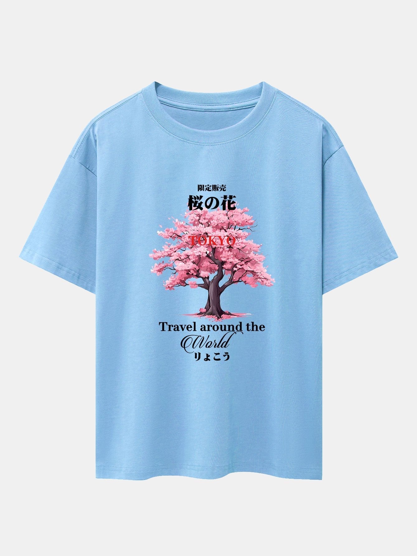 Tokyo Cherry Blossoms Print Drop Shoulder Oversize T-Shirt