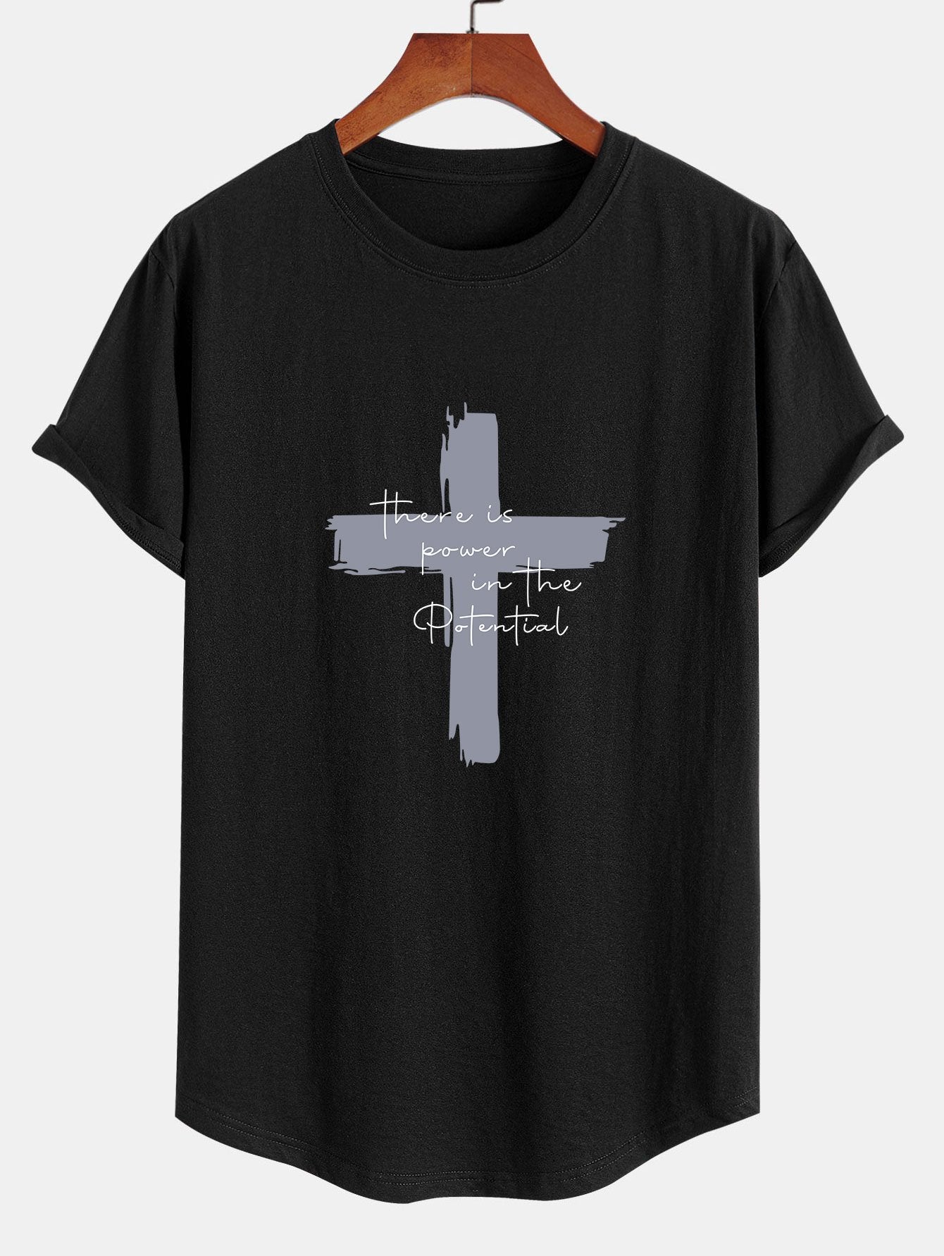 Cross Slogan Print Cotton Arc Hem T-Shirt