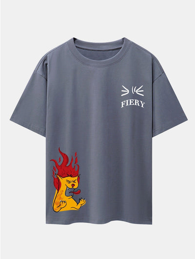 Fiery Cat Print Drop Shoulder Oversize T-Shirt