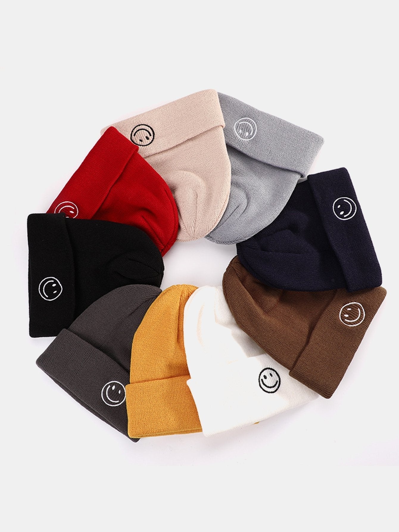 Smiling Embroidered Pattern Solid Color Cuffed Knitted Hat