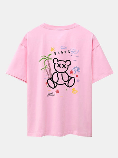 Bear On Vacation Print Drop Shoulder Oversize T-Shirt