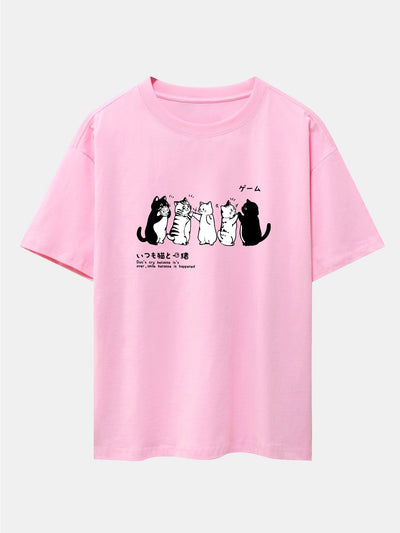 Friend Cat Print Drop Shoulder Oversize T-Shirt