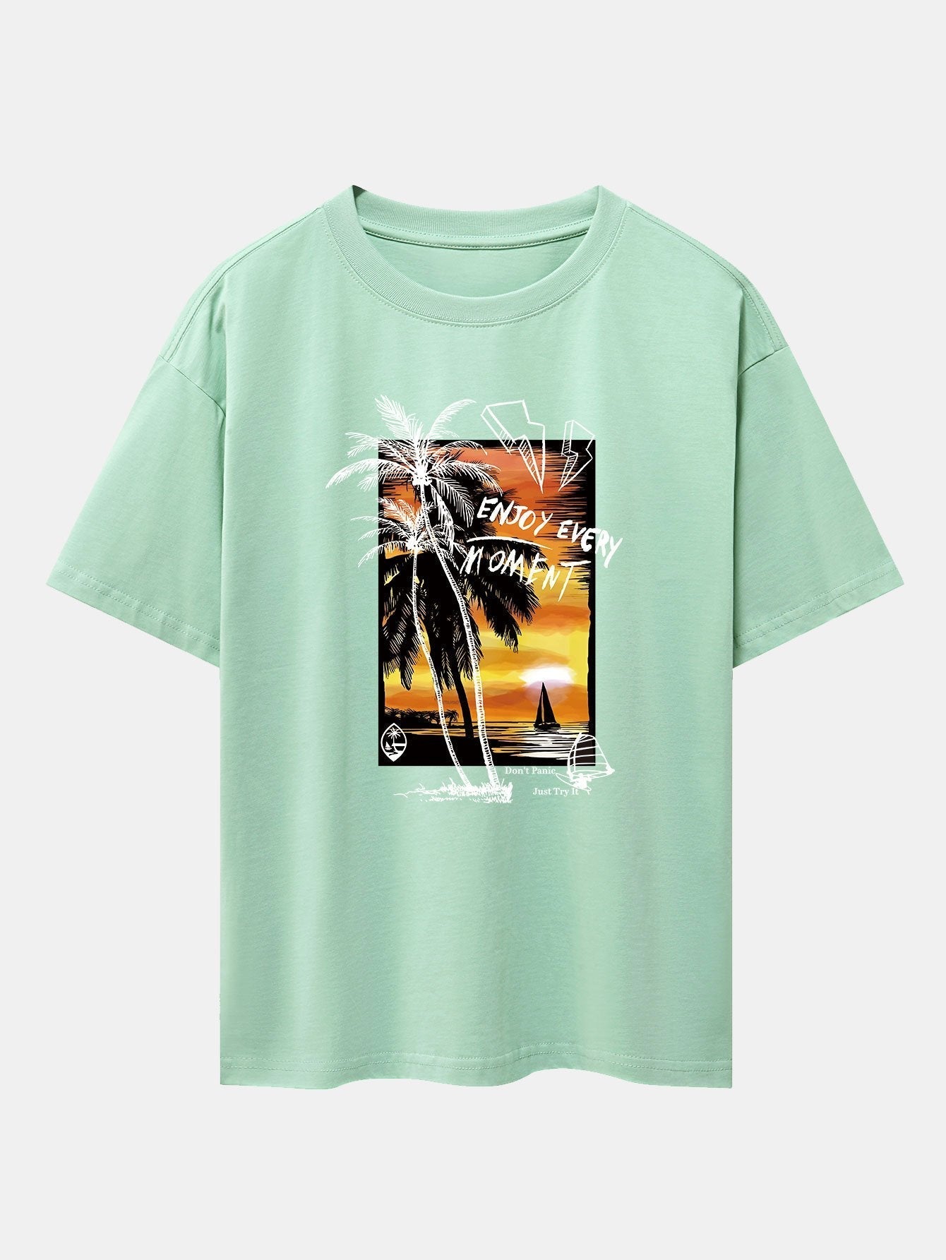 Vacation Sunset Palm Trees Print Drop Shoulder Oversize T-Shirt