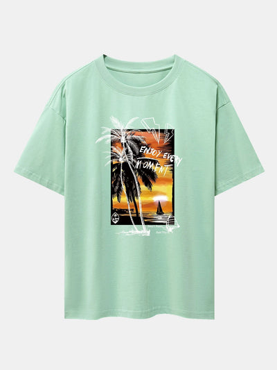 Vacation Sunset Palm Trees Print Drop Shoulder Oversize T-Shirt