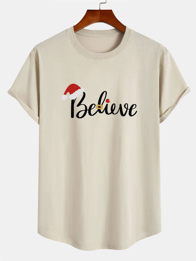 Christmas Believe Print Cotton Arc Hem T-Shirt
