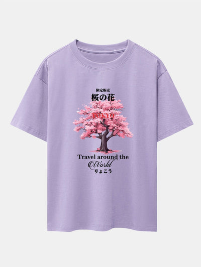 Tokyo Cherry Blossoms Print Drop Shoulder Oversize T-Shirt