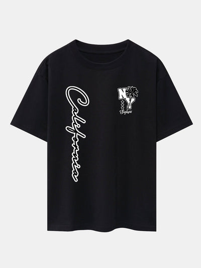 New York California Palm Tree Print Drop Shoulder Oversize T-Shirt