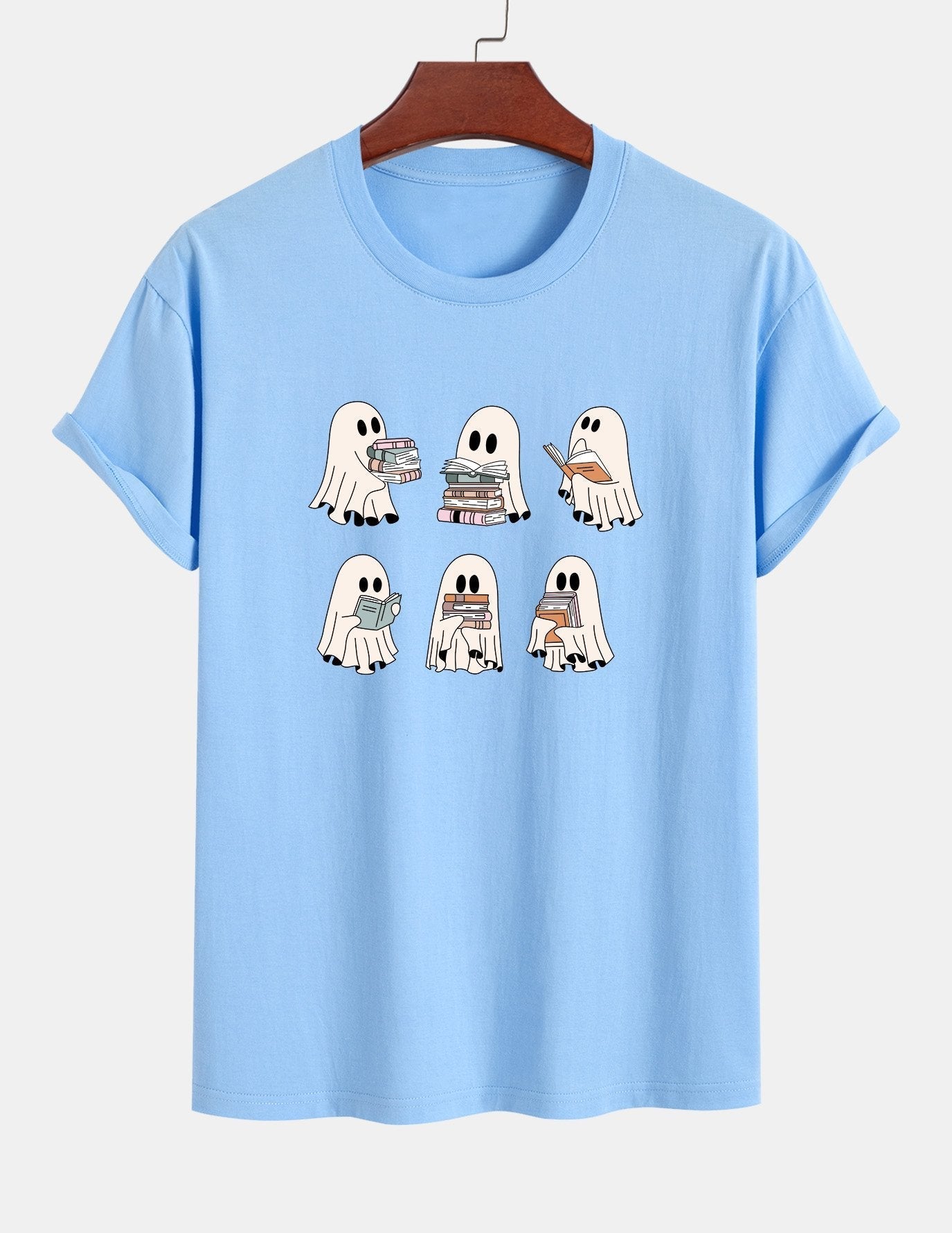 Regular Fit Ghost Reading Book Print Cotton T-Shirt