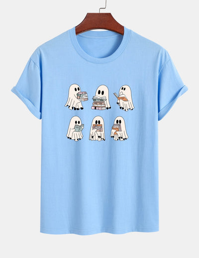 Regular Fit Ghost Reading Book Print Cotton T-Shirt
