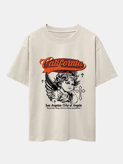 California Angel Print Drop Shoulder Oversize T-Shirt