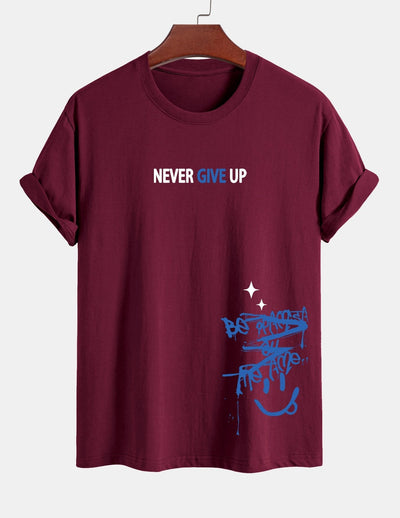 Regular Fit Never Give Up Smiley Face Print Cotton T-Shirt
