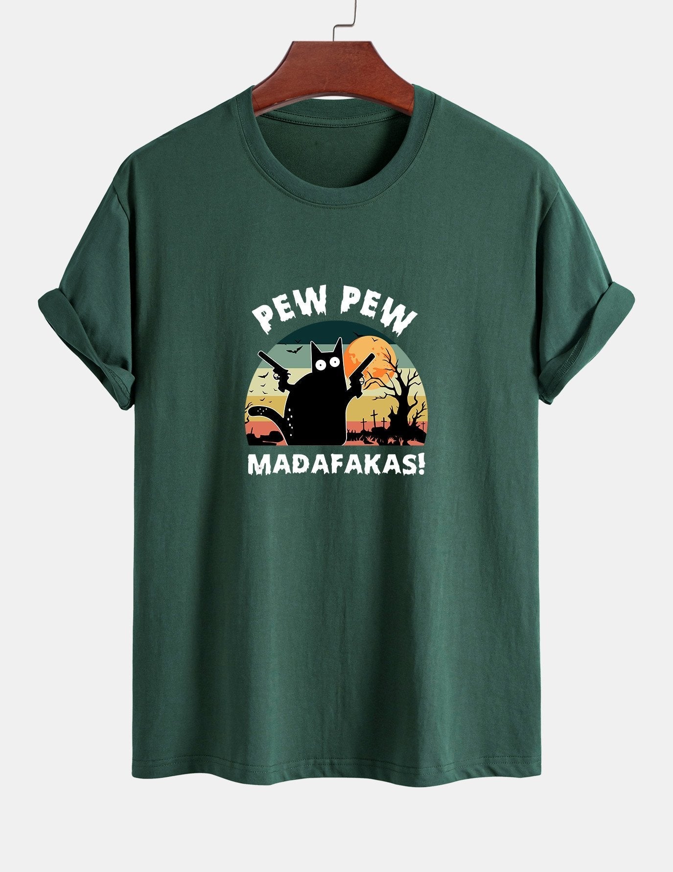 Regular Fit PEW PEW MADAFAKAS Black Cat Print Cotton T-Shirt