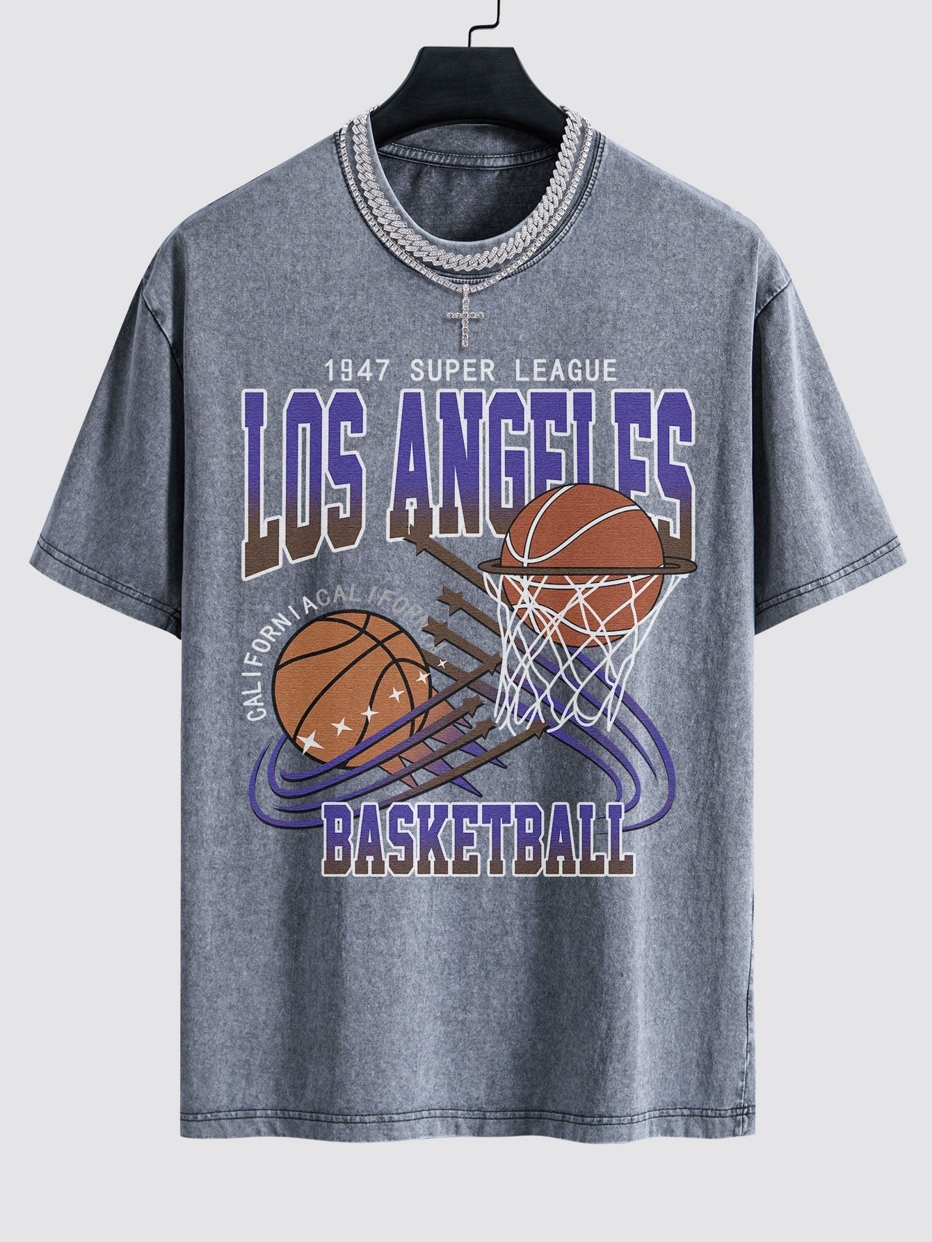 Los Angeles Basketball Print Washed Drop Shoulder Oversize T-Shirt