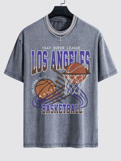 Los Angeles Basketball Print Washed Drop Shoulder Oversize T-Shirt