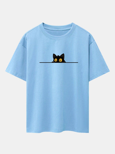 Black Cat Print Drop Shoulder Oversize T-Shirt
