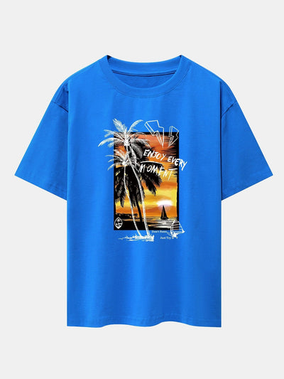Vacation Sunset Palm Trees Print Drop Shoulder Oversize T-Shirt