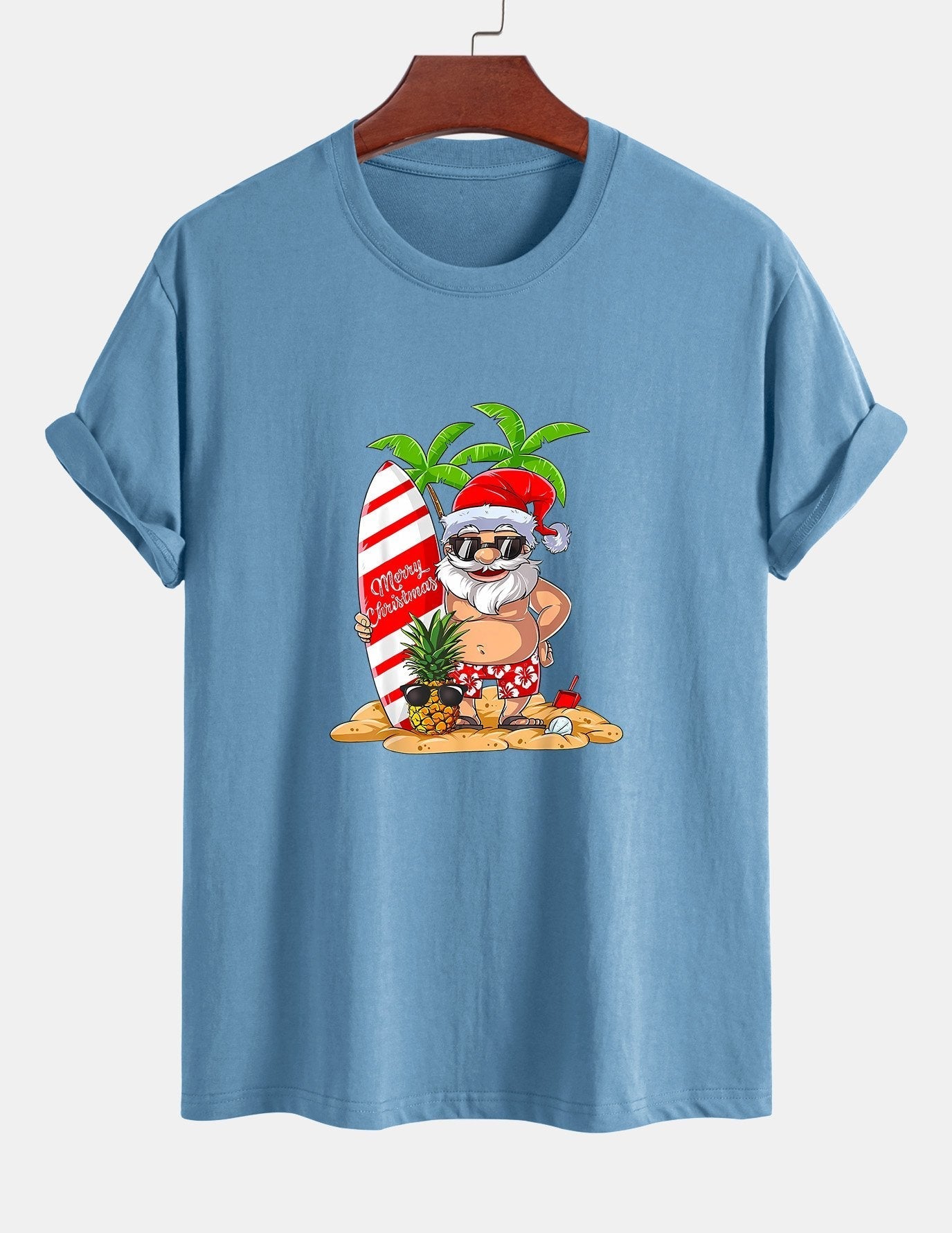 Regular Fit Summer Beach Santa Print Cotton T-Shirt