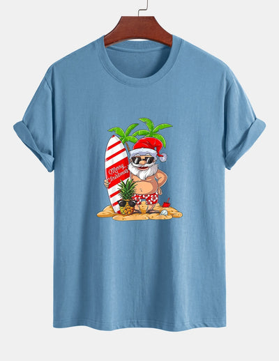 Regular Fit Summer Beach Santa Print Cotton T-Shirt