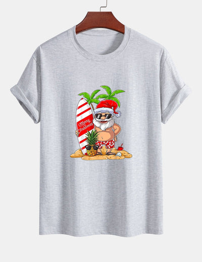 Regular Fit Summer Beach Santa Print Cotton T-Shirt