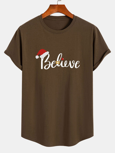 Christmas Believe Print Cotton Arc Hem T-Shirt