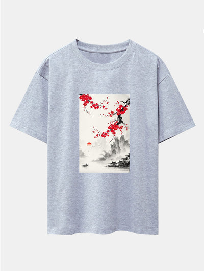 Flower Ink Landscape Print Drop Shoulder Oversize T-Shirt