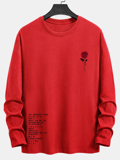 Long Sleeve Slogon Rose Print Cotton T-Shirt