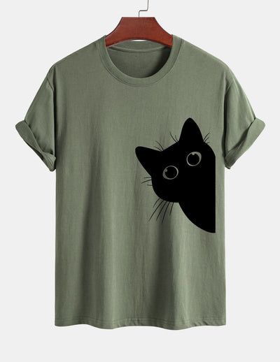 Regular Fit Black Cat Looking Out Print Cotton T-Shirt