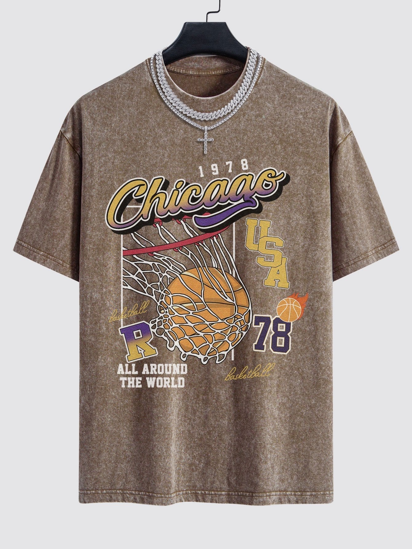 Chicago Basketball Print Washed Drop Shoulder Oversize T-Shirt