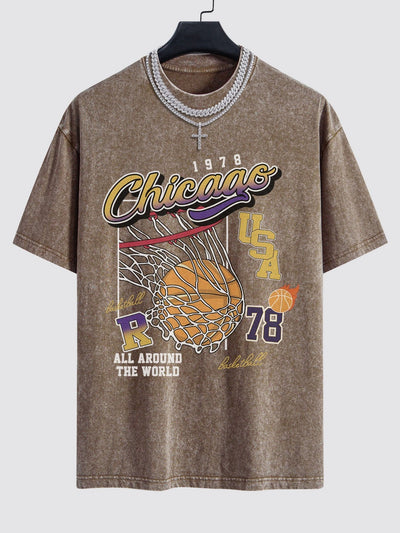 Chicago Basketball Print Washed Drop Shoulder Oversize T-Shirt