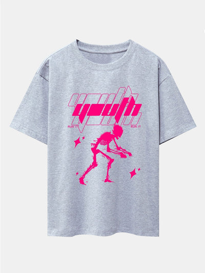 Pink Skeleton Print Drop Shoulder Oversize T-Shirt