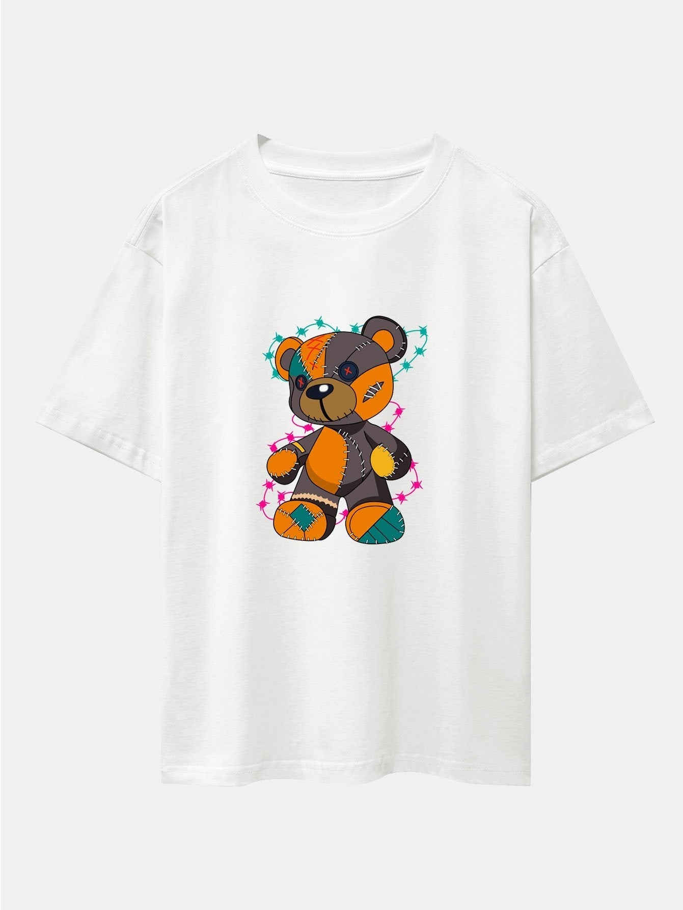 Tattered Bear Print Drop Shoulder Oversize T-Shirt