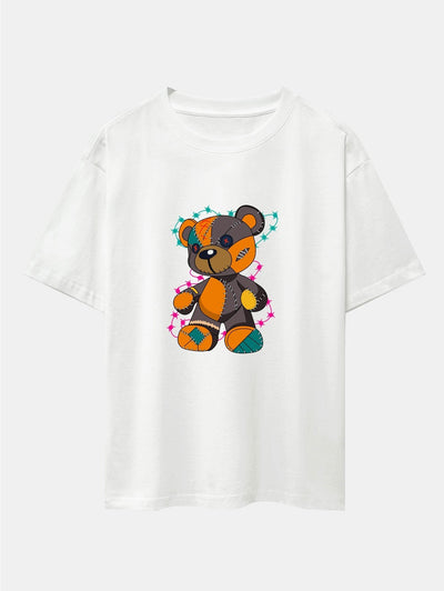 Tattered Bear Print Drop Shoulder Oversize T-Shirt