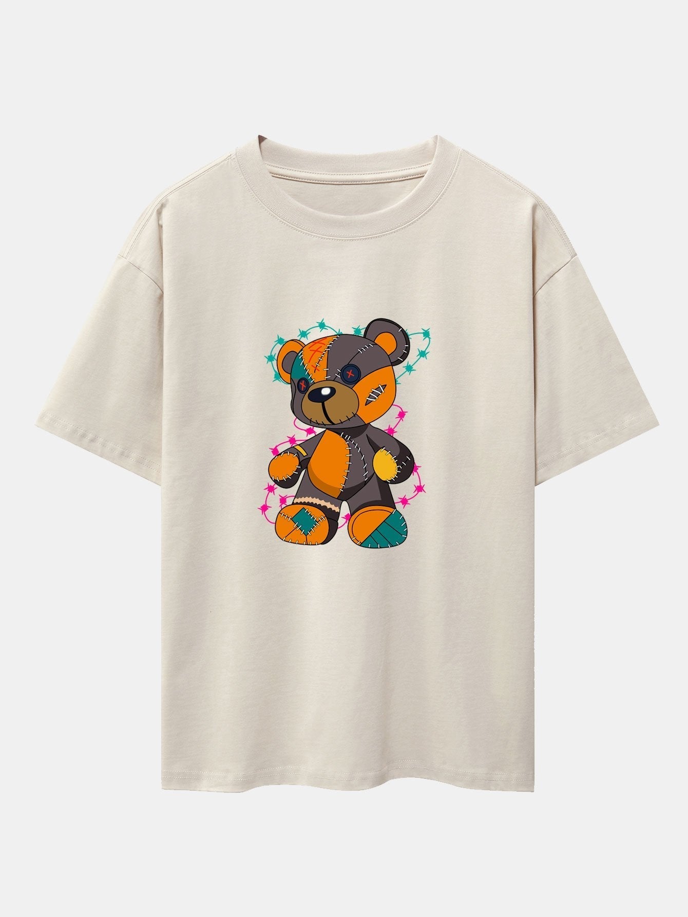 Tattered Bear Print Drop Shoulder Oversize T-Shirt