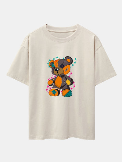 Tattered Bear Print Drop Shoulder Oversize T-Shirt