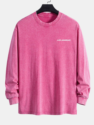 Los Angeles Print Relax Fit Long Sleeve Washed Distressed T-Shirt
