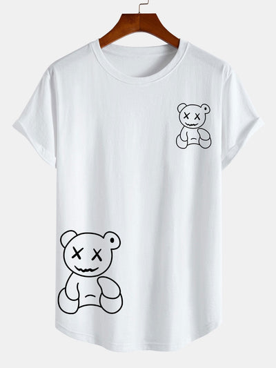 Line Shaped Bear Print Cotton Arc Hem T-Shirt