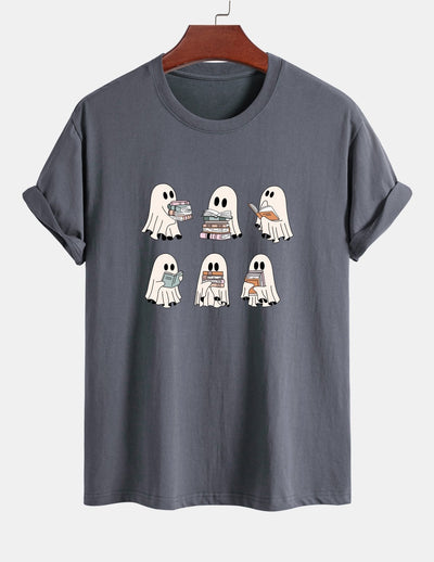 Regular Fit Ghost Reading Book Print Cotton T-Shirt