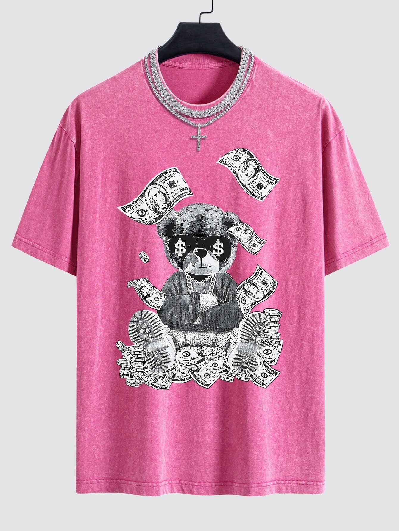 Money Bear Print Washed Drop Shoulder Oversize T-Shirt